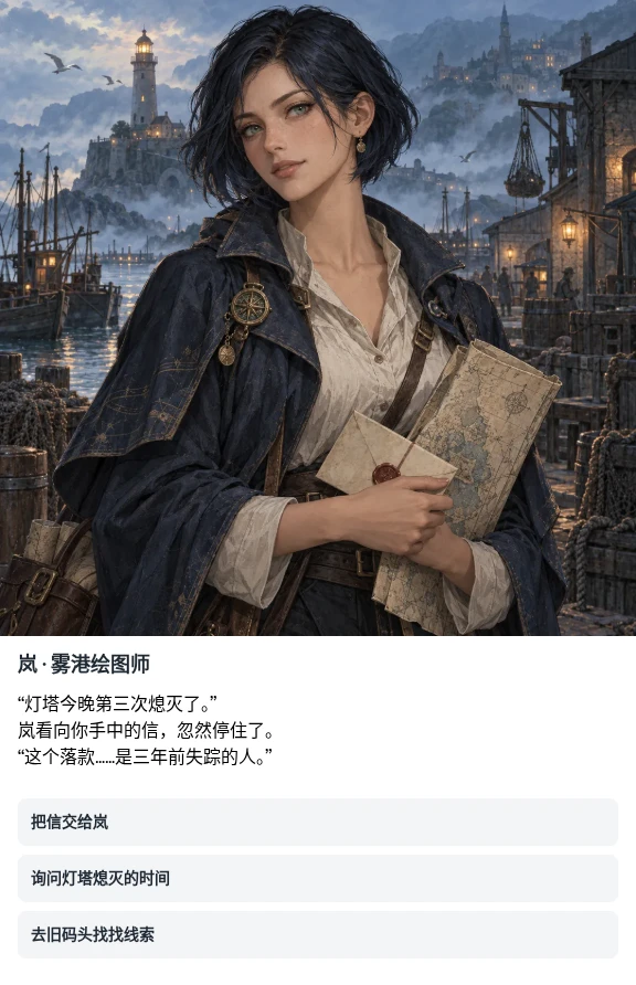 雾港来信：NPC 岚的人物封面、剧情文字和三个对话选项